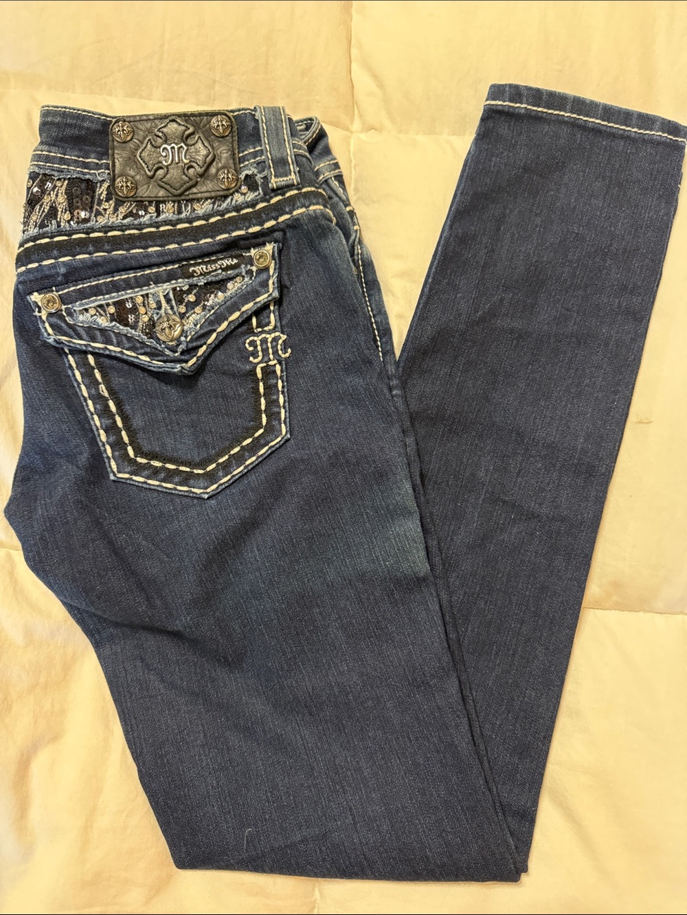 Miss Me Dark Blue Skinny Jeans with Embroidered Flap Pocket